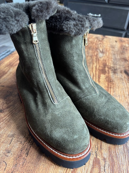 Ron White Shoes - Women's Olive Suede Zip-Front Fur-Trim Ankle Boots